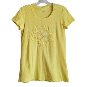 BANANA REPUBLIC Women XS S T-Shirt Yellow Flower Beads Short Sleeve Bust 32"